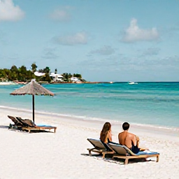 Caribbean Holidays, July Couples Holidays, Couple relaxing on a quiet sandy beach in Saint Martin, with turquoise sea, shaded sun loungers and a tropical shoreline