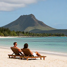 Caribbean Holidays, July Couples Holidays, Couple relaxing on a sun lounger beside a tranquil Caribbean beach on Nevis, with volcanic hills and lush greenery in the background