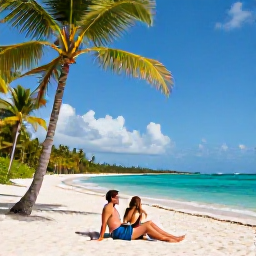 Caribbean Holidays, July Couples Holidays, Couple relaxing on a sunlit Caribbean beach in July, turquoise sea, white sand and swaying palm trees
