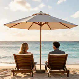 Caribbean Holidays, July Couples Holidays, Romantic beach setting in Saint Barth&eacute;lemy with two loungers, a parasol, calm turquoise sea and soft afternoon light
