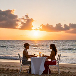 Caribbean Holidays, July Couples Holidays, Romantic beachfront dinner for two at sunset in the Caribbean, elegant table, gentle waves and warm evening light