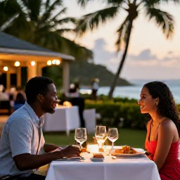 Caribbean Holidays, July Couples Holidays, Romantic outdoor dinner for two at a Caribbean restaurant in Saint Kitts, with local dishes, soft evening light and tropical surroundings