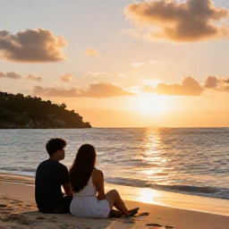 Caribbean Holidays, July Couples Holidays, Romantic sunset over a Saint Barth&eacute;lemy beach, with a couple sitting together near the shoreline and warm golden light
