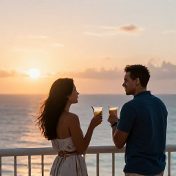 Caribbean Holidays, July Couples Holidays, Romantic sunset over the Caribbean sea viewed from a balcony in Saint Martin, with a couple sharing drinks and warm evening light