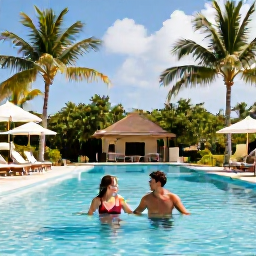 Caribbean Holidays, July Couples Holidays, Stylish Caribbean resort pool surrounded by palms, couple enjoying a peaceful July afternoon