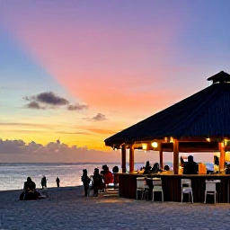 Caribbean Holidays, July Cruises, A colourful Caribbean sunset over a beach bar on Jost Van Dyke in the British Virgin Islands, with relaxed holidaymakers enjoying the evening