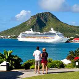 Caribbean Holidays, July Cruises, A couple looking across Charlotte Amalie harbour from a scenic viewpoint in July, with cruise ships, green hills and blue water