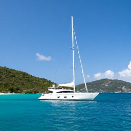 Caribbean Holidays, July Cruises, A modern sailing yacht anchored in a bright turquoise bay near Tortola, British Virgin Islands, with green hills and a clear blue sky