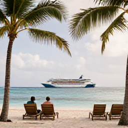 Caribbean Holidays, July Cruises, A relaxed Caribbean beach with palm trees, calm water, sun loungers and a couple enjoying a July cruise shore day
