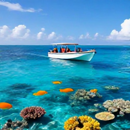 Caribbean Holidays, July Cruises, A small glass-bottom boat and snorkellers over a vibrant coral reef near Grand Turk, with tropical fish in clear blue water