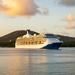 Caribbean Holidays, July Cruises, A welcoming cruise ship sailing away from Tortola at golden hour, with calm Caribbean water and the green British Virgin Islands in the background