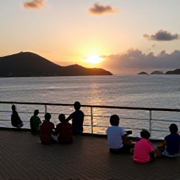 Caribbean Holidays, July Cruises, Cruise passengers enjoying an outdoor deck at sunset near the United States Virgin Islands, with calm sea and warm evening light
