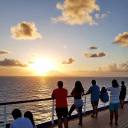 Caribbean Holidays, July Cruises, Cruise passengers watching a golden sunset over the Caribbean sea from the deck of a ship
