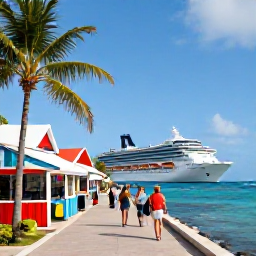 Caribbean Holidays, July Cruises, Passengers exploring a colourful Caribbean waterfront with palm trees, local shops and a cruise ship in the background