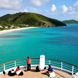 Caribbean Holidays, July Cruises, Passengers relaxing on the deck of a cruise ship overlooking turquoise Caribbean water and rugged green British Virgin Islands coastline
