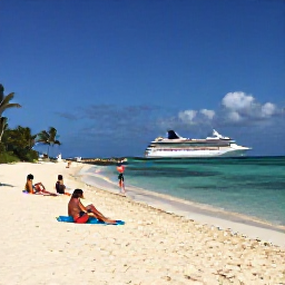 Caribbean Holidays, July Cruises, Visitors relaxing on Governor&rsquo;s Beach on Grand Turk, with calm turquoise sea, pale sand, palm trees and a cruise ship visible offshore