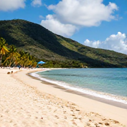 Caribbean Holidays, July Cruises, Visitors relaxing on Magens Bay Beach in July, with calm blue water, pale sand, palm trees and lush hills
