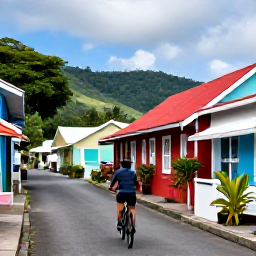 Caribbean Holidays, July Cycling Holidays, A cyclist exploring a colourful Caribbean village street in Saint Vincent, with local shops, tropical plants and welcoming residents