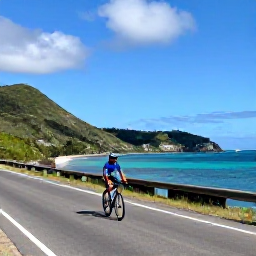 Caribbean Holidays, July Cycling Holidays, A cyclist riding along a quiet coastal road beside turquoise water and green hills on Saint Vincent in July