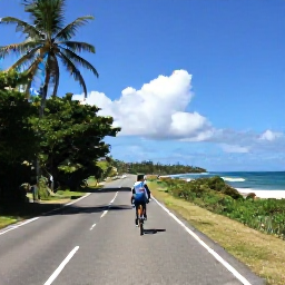 Caribbean Holidays, July Cycling Holidays, A cyclist riding along a quiet coastal road in Trinidad and Tobago in July, with tropical greenery and blue sea