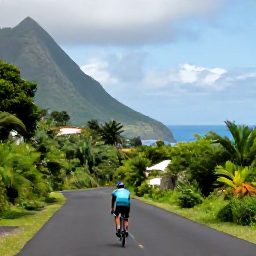 Caribbean Holidays, July Cycling Holidays, A road cyclist climbing a lush mountain road on Saint Vincent, with tropical vegetation, distant coastline and cloudy July skies