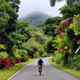 Caribbean Holidays, July Cycling Holidays, A road cyclist passing through lush rainforest on Trinidad, with misty hills and tropical plants beside the road