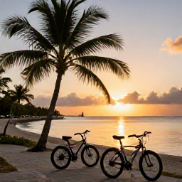 Caribbean Holidays, July Cycling Holidays, A sunset scene at a Caribbean beach in Tobago, with bicycles resting near palm trees and calm sea