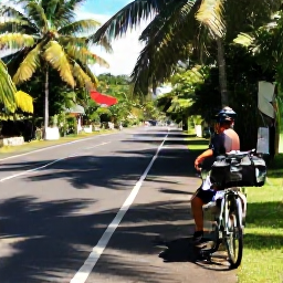 Caribbean Holidays, July Cycling Holidays, A well-equipped touring cyclist taking a shaded break beside a tropical road in Trinidad and Tobago