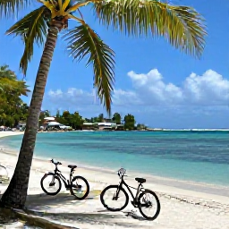 Caribbean Holidays, July Cycling Holidays, Bicycles parked beside a quiet Caribbean beach with palm trees, clear water and a small village in Saint Vincent and the Grenadines