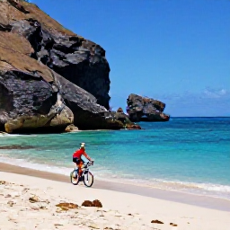 Caribbean Holidays, July Cycling Holidays, Cyclist beside a secluded Cura&ccedil;ao beach with clear turquoise water and dramatic rocky coastline