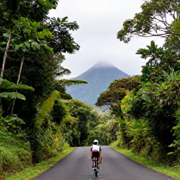 Caribbean Holidays, July Cycling Holidays, Cyclist climbing a forested road towards Mount Pel&eacute;e in northern Martinique, tropical vegetation and misty mountain views