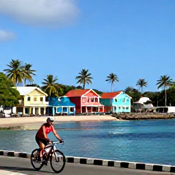 Caribbean Holidays, July Cycling Holidays, Cyclist travelling beside a calm turquoise bay near Les Anses-d&rsquo;Arlet in Martinique, colourful houses and palm trees