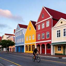 Caribbean Holidays, July Cycling Holidays, Early morning cyclist passing colourful colonial buildings in Willemstad, Cura&ccedil;ao