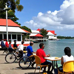 Caribbean Holidays, July Cycling Holidays, Friendly cyclists relaxing at a waterside caf&eacute; in a colourful Martinique village, bicycles parked nearby and local food on tables