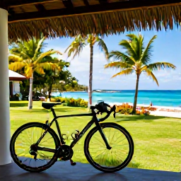 Caribbean Holidays, July Cycling Holidays, Road bike and helmet beside a shaded tropical hotel terrace in Martinique, palm trees and bright Caribbean surroundings