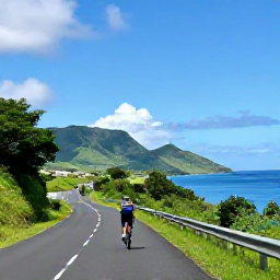 Caribbean Holidays, July Cycling Holidays, Road cyclist riding along a quiet tropical coastal road in Martinique during July, with green hills and blue sea