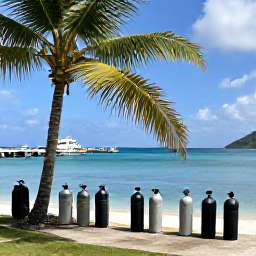 Caribbean Holidays, July Diving, Friendly Caribbean dive centre preparing tanks and equipment beside a palm-fringed harbour in Saint Vincent and the Grenadines