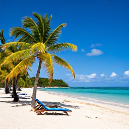 Caribbean Holidays, July Escapes, Adults relaxing beside a quiet turquoise Caribbean beach in Tobago, with palm trees, sun loungers and a clear blue sky