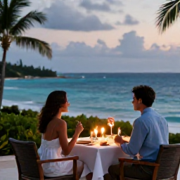 Caribbean Holidays, July Escapes, Couple enjoying a candlelit dinner at an elegant adults-only resort in Tobago, overlooking the Caribbean Sea