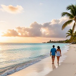 Caribbean Holidays, July Escapes, Couple walking along a calm sandy beach at sunset in Saint Martin, with turquoise water and palm trees