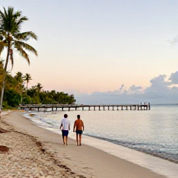 Caribbean Holidays, July Escapes, Couple walking along Pigeon Point beach in Tobago at sunset, with calm water, wooden jetty and palm-fringed sand