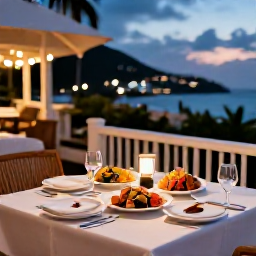 Caribbean Holidays, July Escapes, Outdoor table at a sophisticated Caribbean restaurant in Marigot, Saint Martin, with local seafood and evening lights