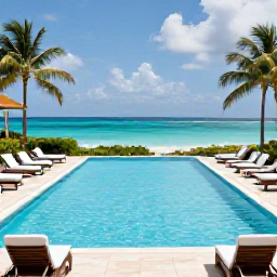 Caribbean Holidays, July Escapes, Peaceful adults-only Caribbean resort pool with loungers, palm trees and turquoise sea in the background