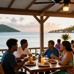 Caribbean Holidays, July Family Holidays, A family dining at an informal seaside restaurant in Tortola at sunset, fresh Caribbean food, relaxed atmosphere and harbour views