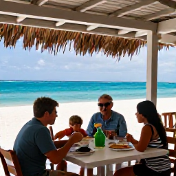 Caribbean Holidays, July Family Holidays, A family enjoying a relaxed outdoor lunch at a shaded restaurant near the beach in Providenciales, Turks and Caicos Islands