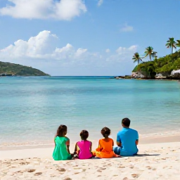 Caribbean Holidays, July Family Holidays, A family relaxing on a bright sandy beach in the British Virgin Islands, calm turquoise water, palm trees and gentle July sunshine