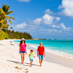 Caribbean Holidays, July Family Holidays, A happy family walking along a bright Caribbean beach in July, turquoise sea, soft white sand, palm trees and relaxed holiday atmosphere