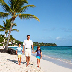 Caribbean Holidays, July Family Holidays, A happy family walking along a palm-fringed beach in St Thomas, United States Virgin Islands, bright July sunshine, calm turquoise sea