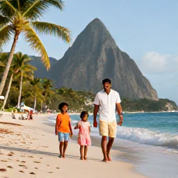 Caribbean Holidays, July Family Holidays, A happy family walking along a palm-fringed Caribbean beach in Saint Lucia during a bright July morning