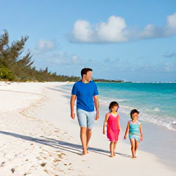 Caribbean Holidays, July Family Holidays, A happy family walking along the white sands of Grace Bay Beach in the Turks and Caicos Islands on a sunny July morning